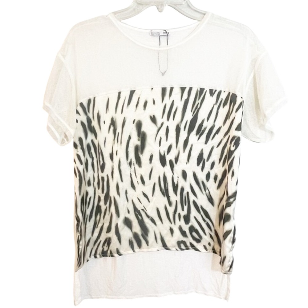 Zara W Collection B White Mesh Animal Print Short Sleeve Top Small Made Portugal